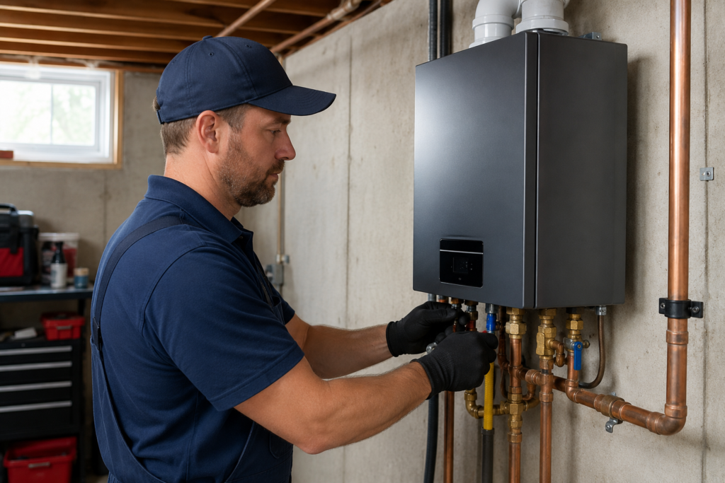 Professional plumber installing a modern tankless water heater on a basement wall in a clean and organized utility room.