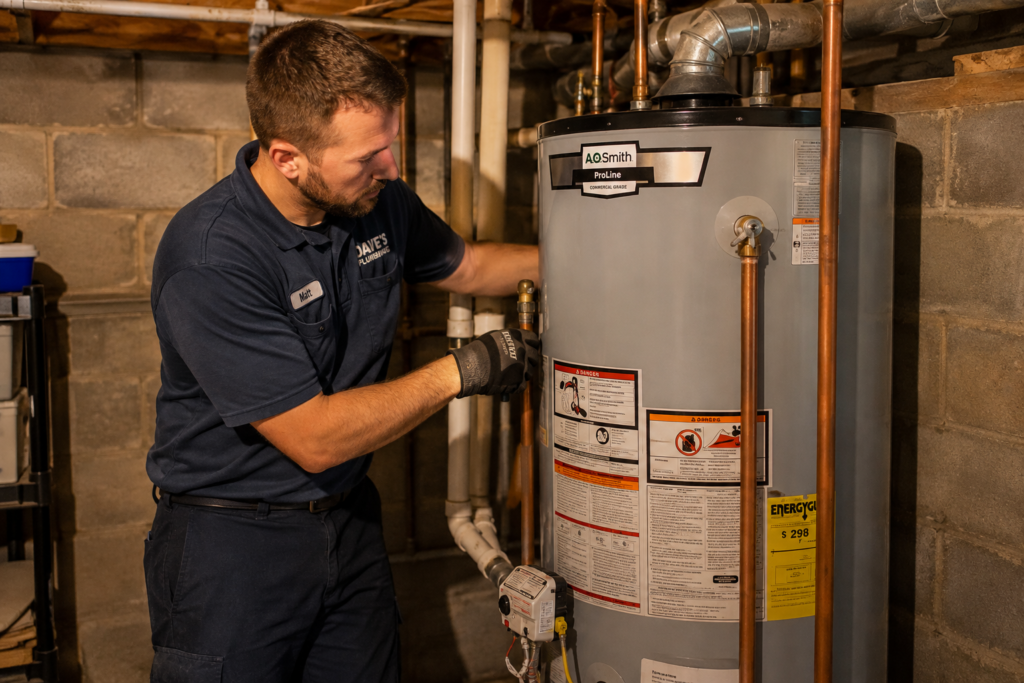 Licensed plumber inspecting gas water heater in Wilmington, DE home basement