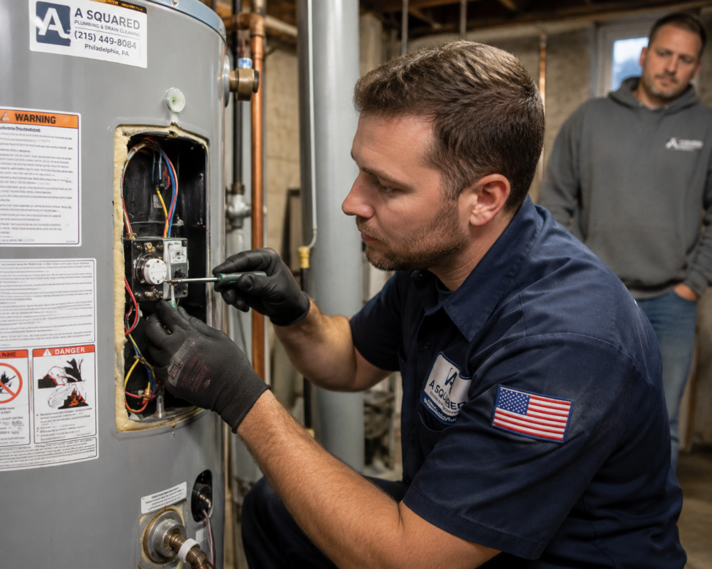 Licensed plumber replacing a faulty water heater thermostat during a repair service in a Philadelphia home basement.