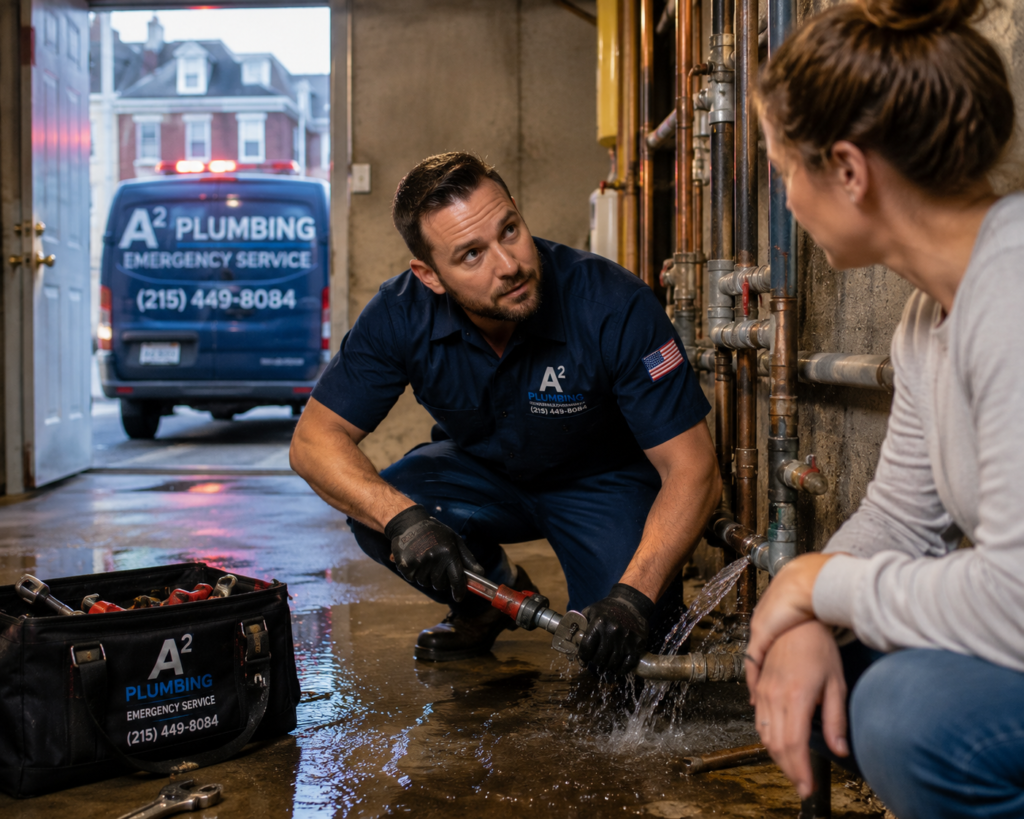 Emergency plumber repairing a burst pipe during a residential plumbing emergency in Philadelphia, PA.