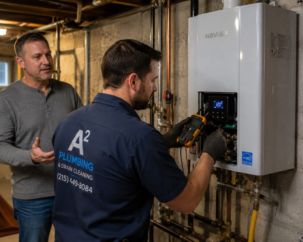 Licensed plumber repairing a tankless water heater in a Philadelphia home.
