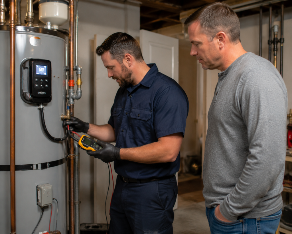 Professional plumber inspecting a residential water heater during a repair cost evaluation in Bucks County PA