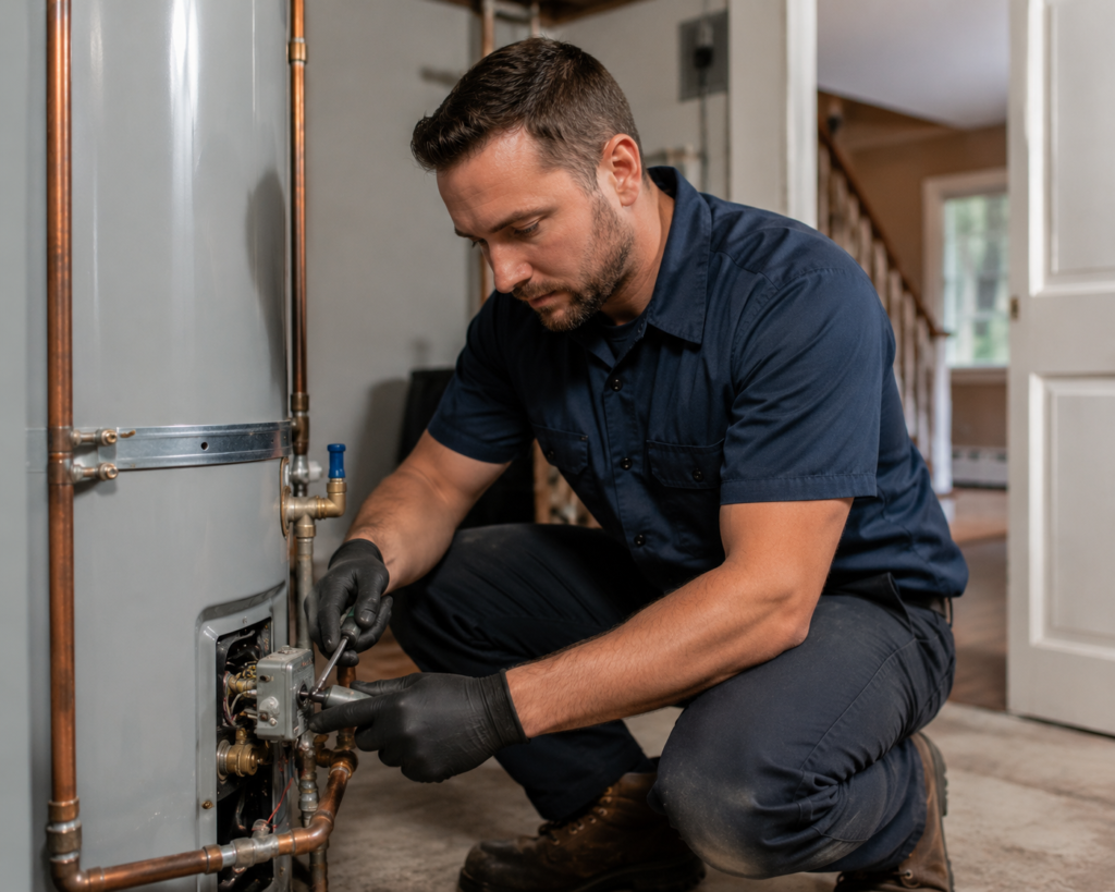 Plumber repairing a residential water heater in Langhorne, PA.